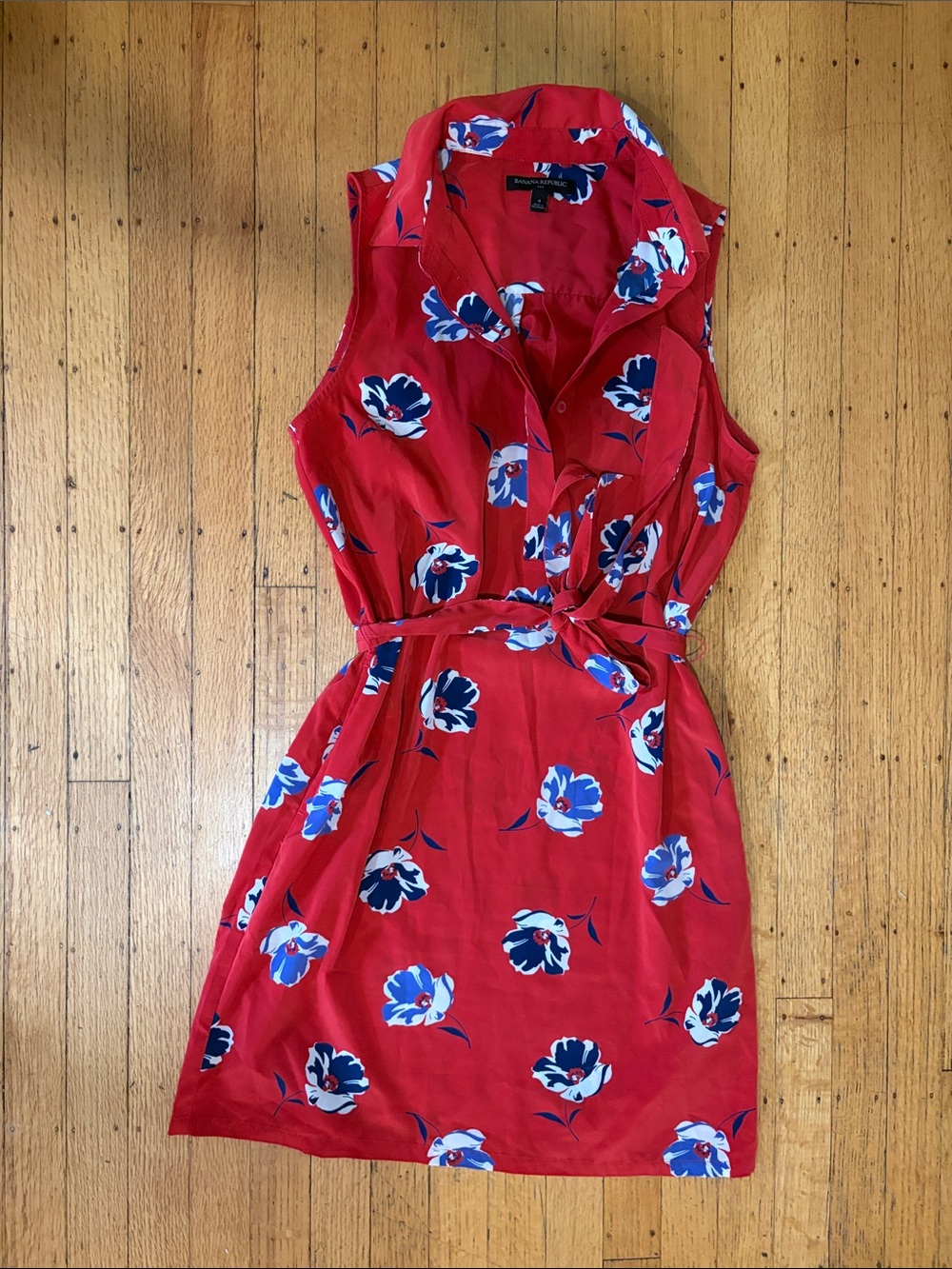 Banana Republic Red Floral Tie-Waist Sleeveless Dress